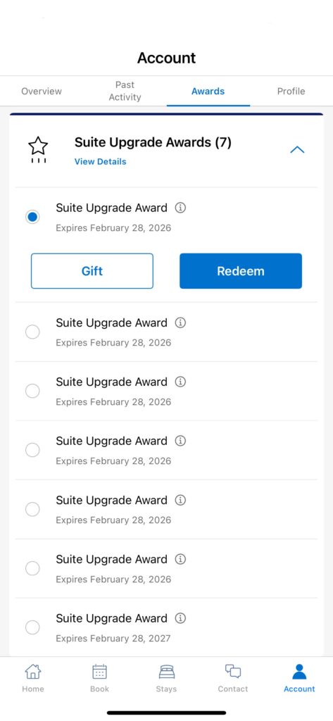 Hyatt App Suite Upgrade Award Selection