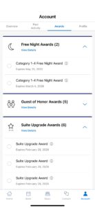 Screenshot of World of Hyatt app showing the Awards tab on your Account