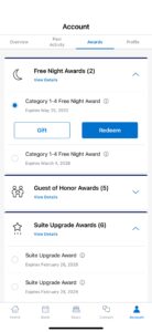 Screenshot of World of Hyatt app showing the Awards tab on your Account with a specific award selected for use
