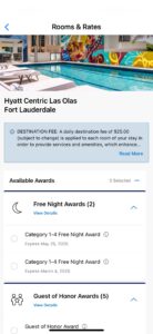 Screenshot of World of Hyatt app showing the Rooms & Rate page after selecting a hotel and displaying all awards available for selection