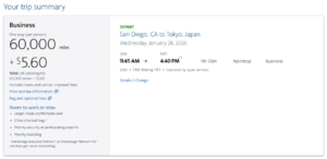Screenshot of AAdvantage award search results for Japan Airlines business class for 60,000 AAdvantage miles from San Diego to Tokyo