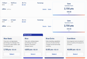 Screenshot of JetBlue award pricing from Boston to Jacksonville from 2,700 points after JetBlue award promo code