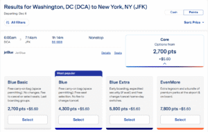 Screenshot of JetBlue award pricing from Washington DC to New York from 2,700 points after JetBlue award promo code