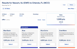 Screenshot of JetBlue award pricing from Newark to Orlando from 1,500 points after JetBlue award promo code