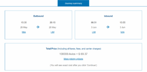 Screenshot of British Airways Executive Club award booking from Miami to Lima