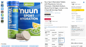 Screenshot of Amazon page for a four-pack of Nuun hydration tabs