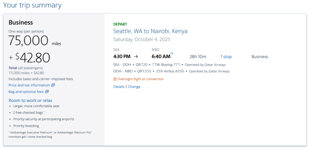 Screenshot of AAdvantage award search results for Qatar Qsuite business class for 75,000 AAdvantage miles from Seattle to Nairobi Kenya