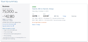 Screenshot of AAdvantage award search results for Qatar Qsuite business class for 75,000 AAdvantage miles from Seattle to Nairobi Kenya