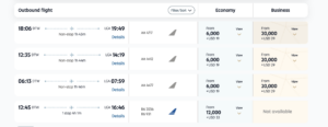 Screenshot showing Etihad Guest award pricing from Detroit to New York City