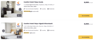 Screenshot of the points rates for two Choice Hotels locations in Tokyo, showing 8,000 points per night