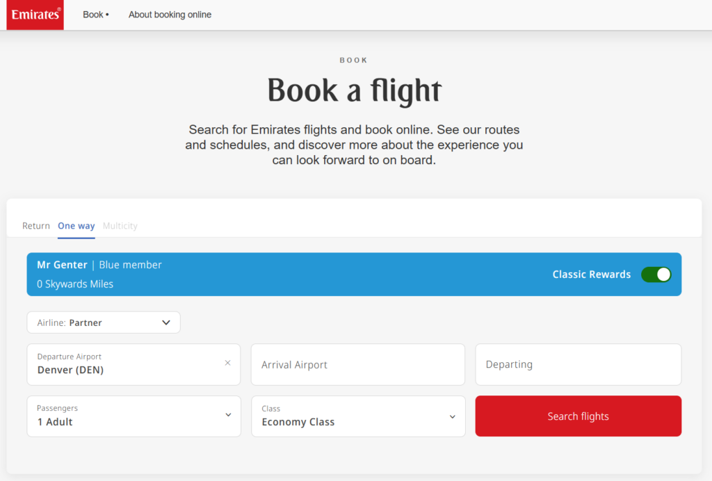Skywards Partner Awards Booking Page