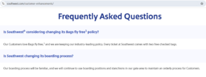 Screenshot of Southwest Customer Enhancements page about bag fees