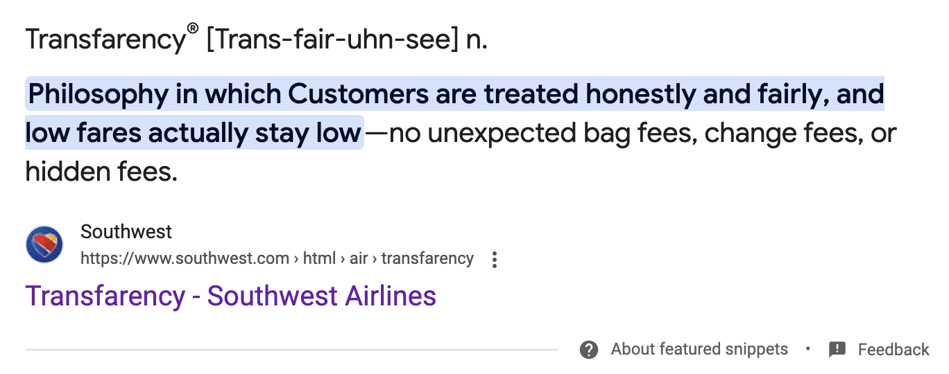 Southwest Transfarency definition