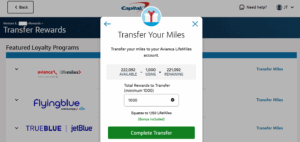 Screenshot showing Capital One miles transfer bonus example to Avianca LifeMiles