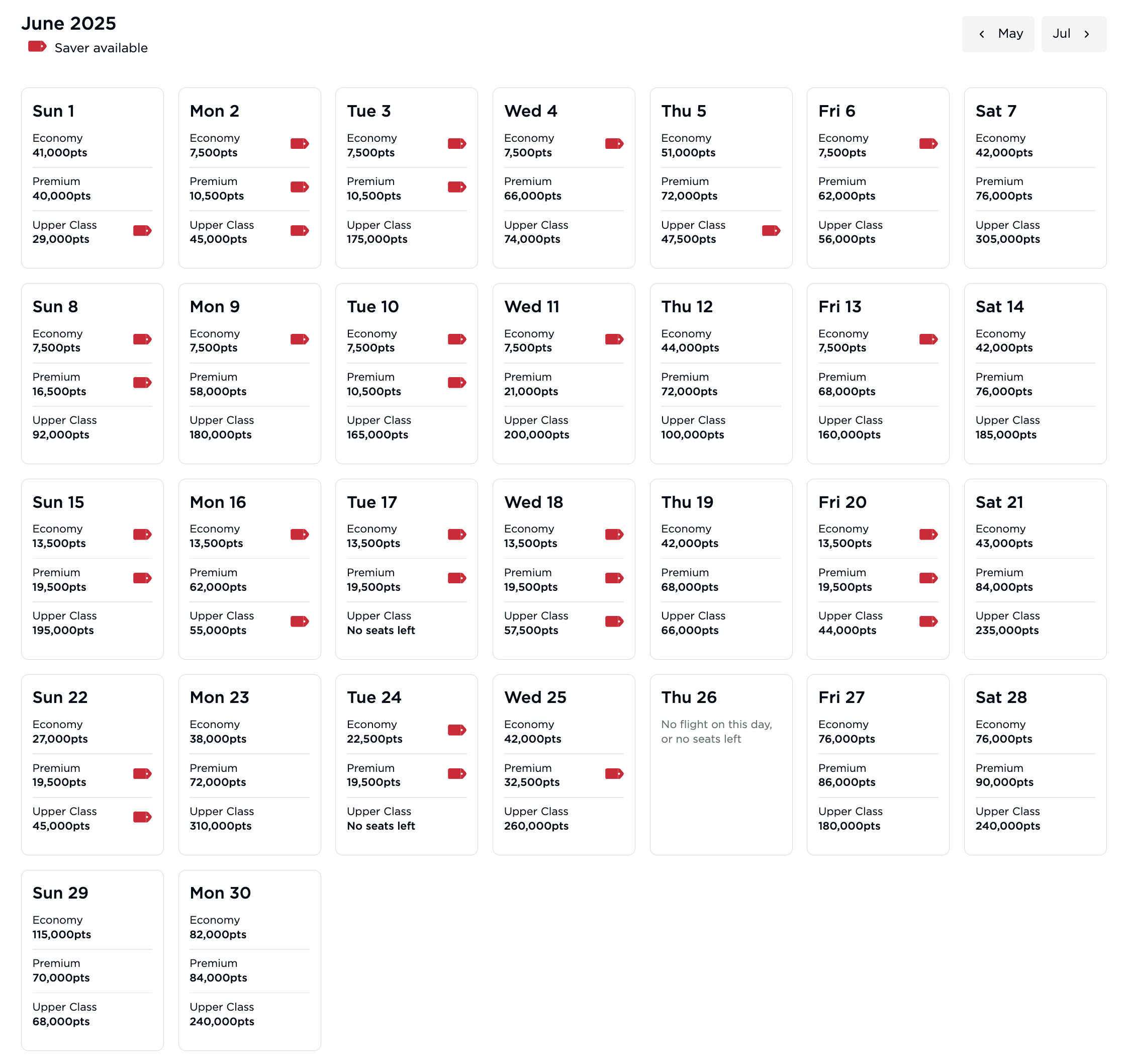 Virgin Reward seat checker results.