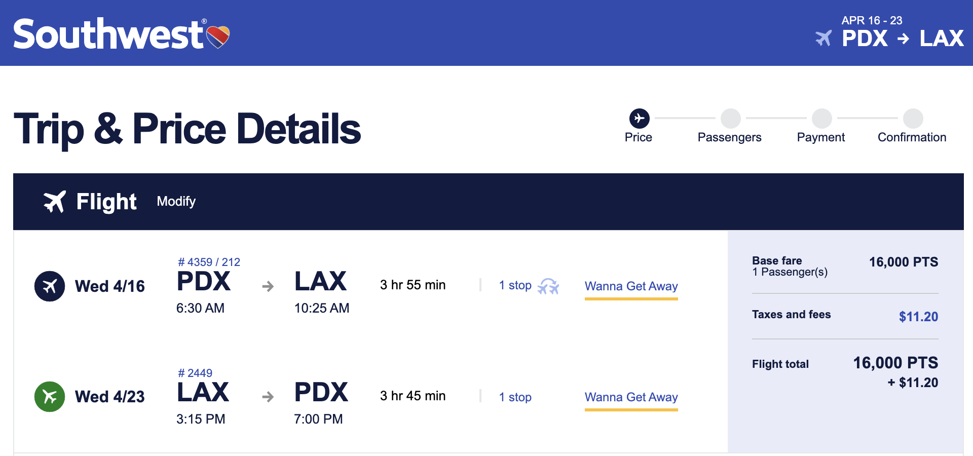 Southwest flight from PDX to LAX