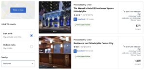 AAhotels search showing miles that can be earned