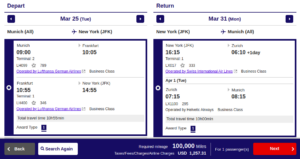 ANA award ticket on Lufthansa from Munich to NYC