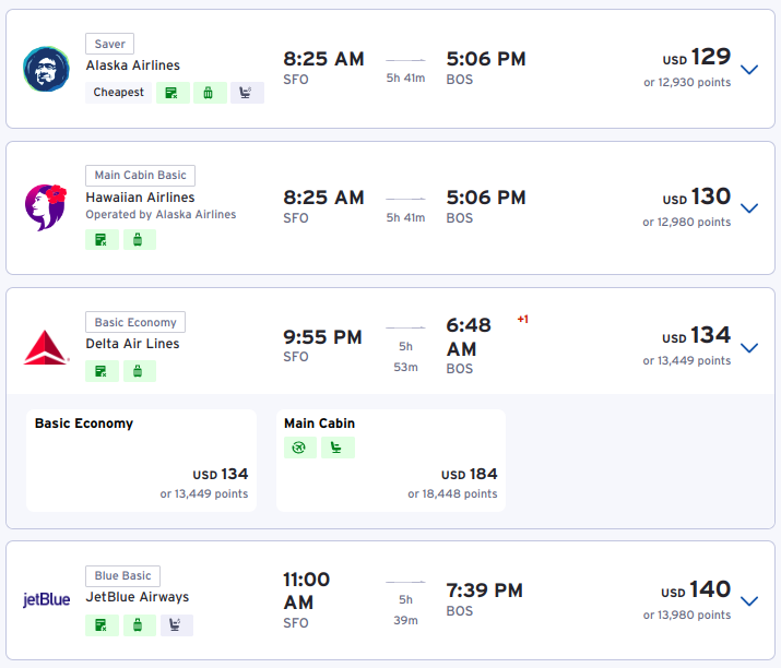 Citi Travel flight options showing basic economy