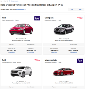 Sample Citi Travel rental car search results