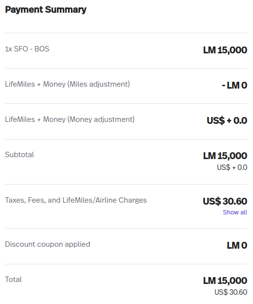 Avianca LifeMiles award summary for a SFO-BOS itinerary.
