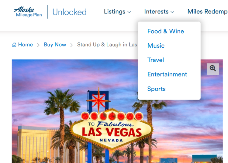 Screen shot from Alaska Mileage Plan Unlocked shows an option to redeem miles for a stand up comedy show in Las Vegas