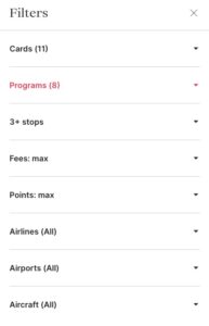 Filtering options within Roame.Travel