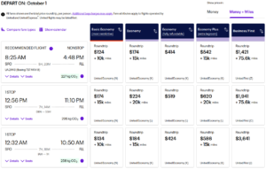 United Money + Miles search results for SFO to FLL