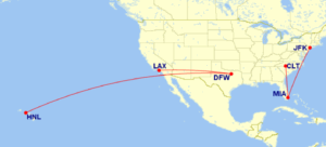 Map of domestic routes where American Airlines is flying lie-flat seats on its Boeing 777-200 aircraft in June 2025