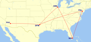 Map of domestic routes where American Airlines is flying lie-flat seats on its Boeing 787-8 aircraft in June 2025