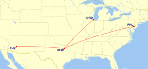 Map of domestic routes where American Airlines is flying lie-flat seats on its Boeing 787-9 aircraft in June 2025