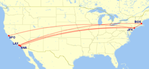 Map of all domestic routes where American Airlines is flying lie-flat seats in June 2025