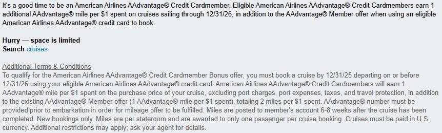AA Cruises 2X Points for Cardholders 2025 Promotion