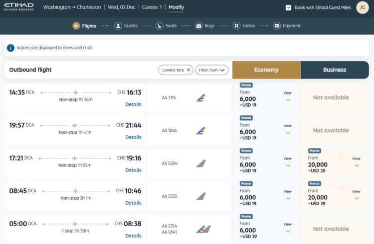 Etihad Guest reward seat search results from Washington, D.C. to Charleston