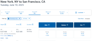 Screenshot showing AAdvantage award search results from New York to Los Angeles