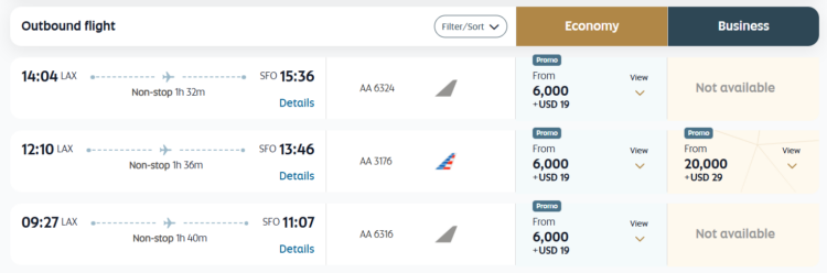 Etihad Guest award pricing from LA to San Francisco