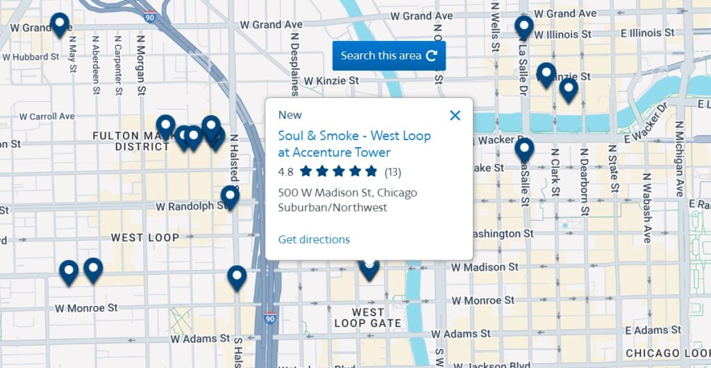 Map showing AA dining restaurants in Chicago.