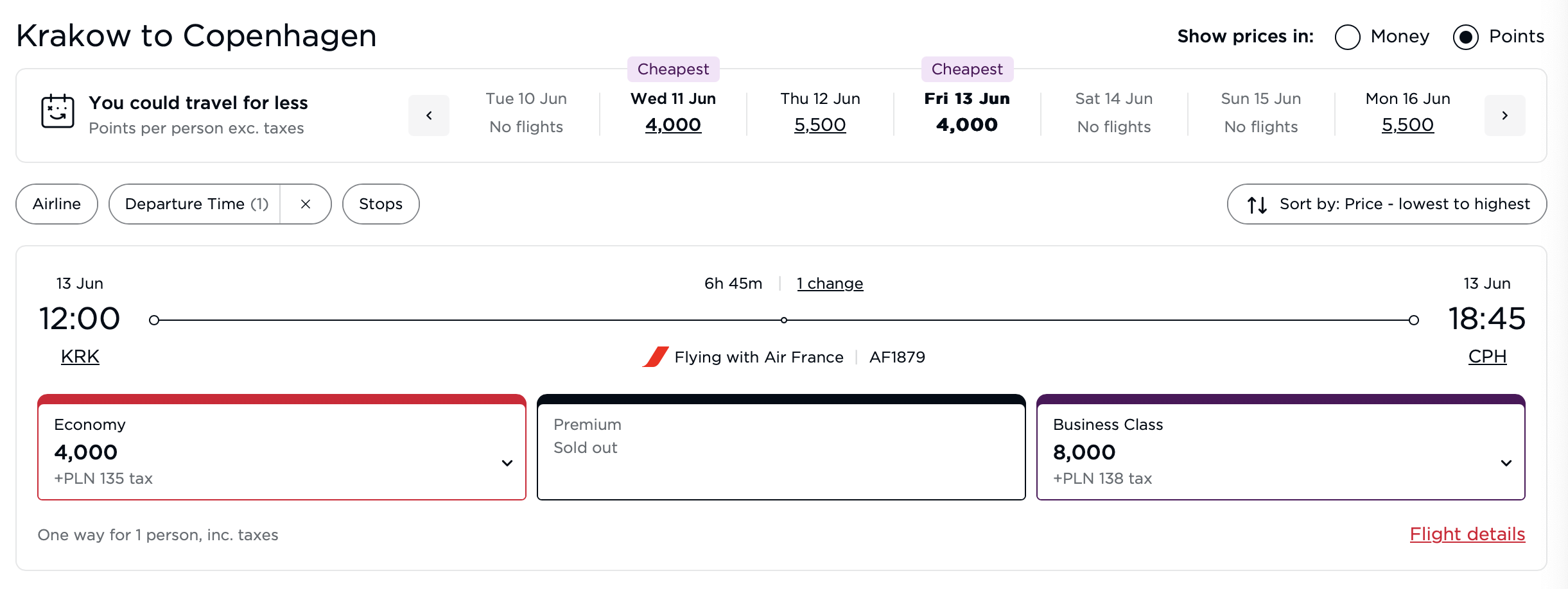 Virgin Atlantic award from KRK to CPH operated by Air France.