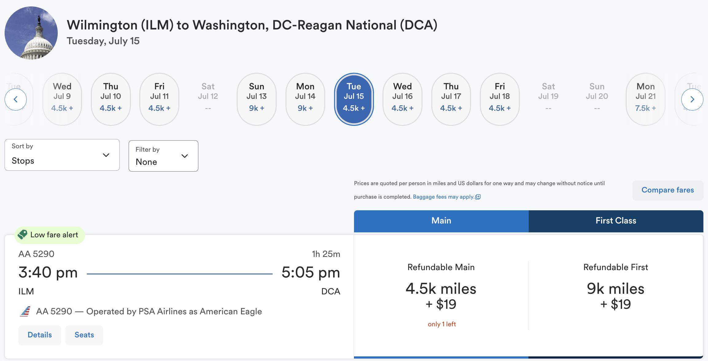 Alaska Airlines redemption on AA -- ILM to DCA.