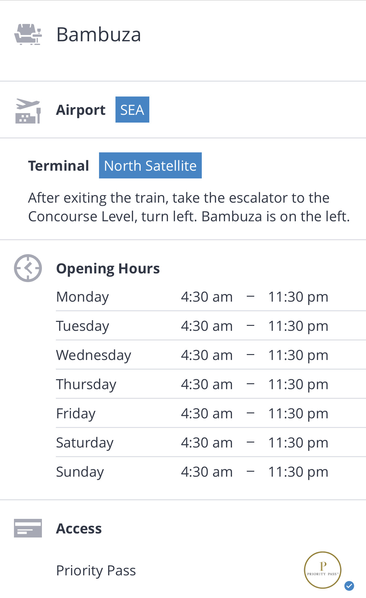 Priority Pass Restaurant at SeaTac as shown by the AwardWallet Lounge tool.
