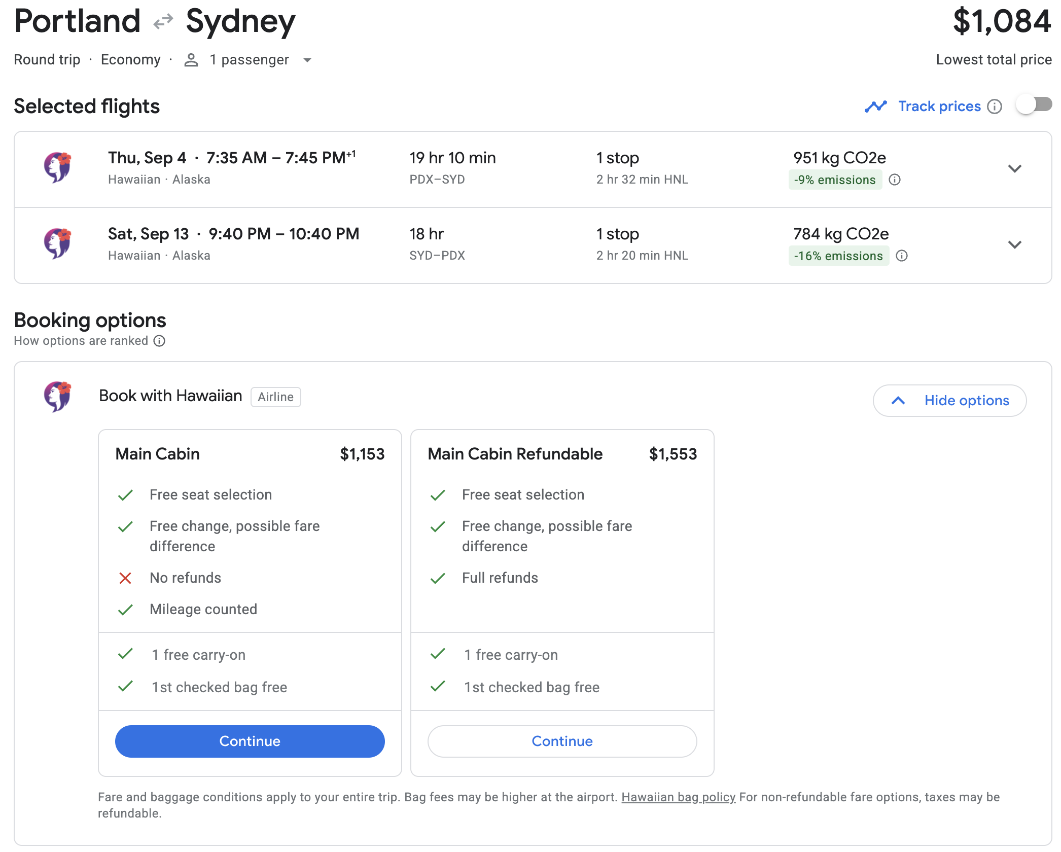 Google flights result for PDX-SYD