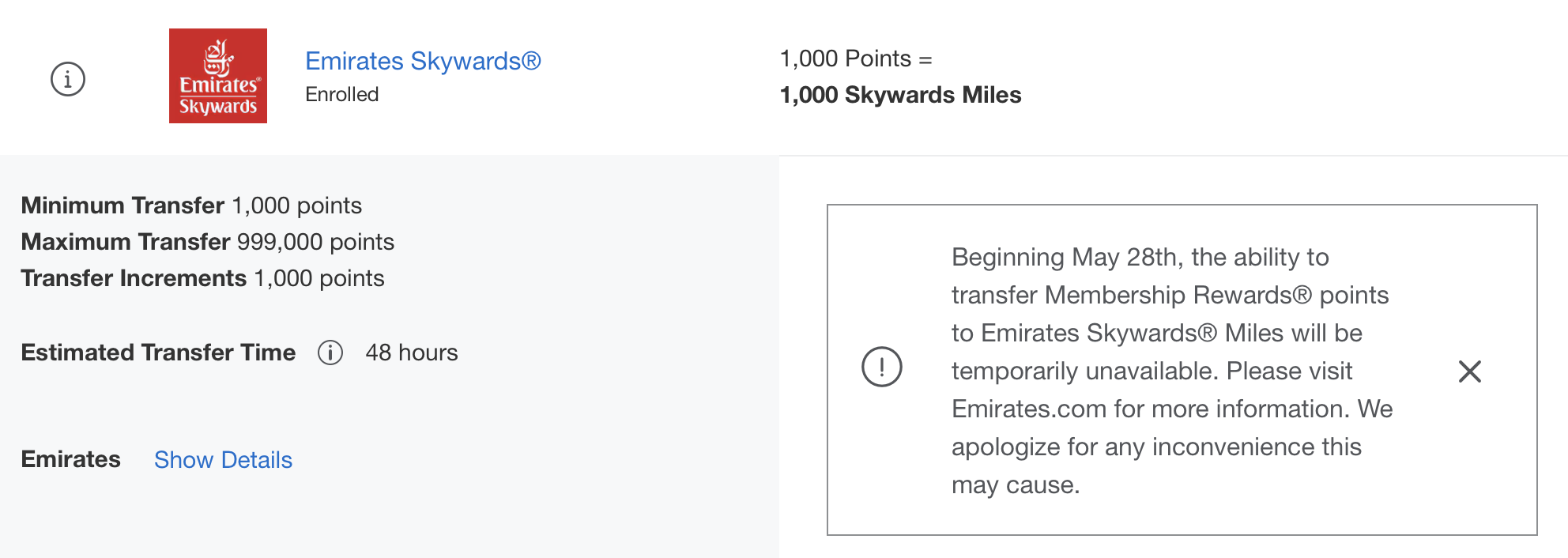 Amex/Emirates transfer update.