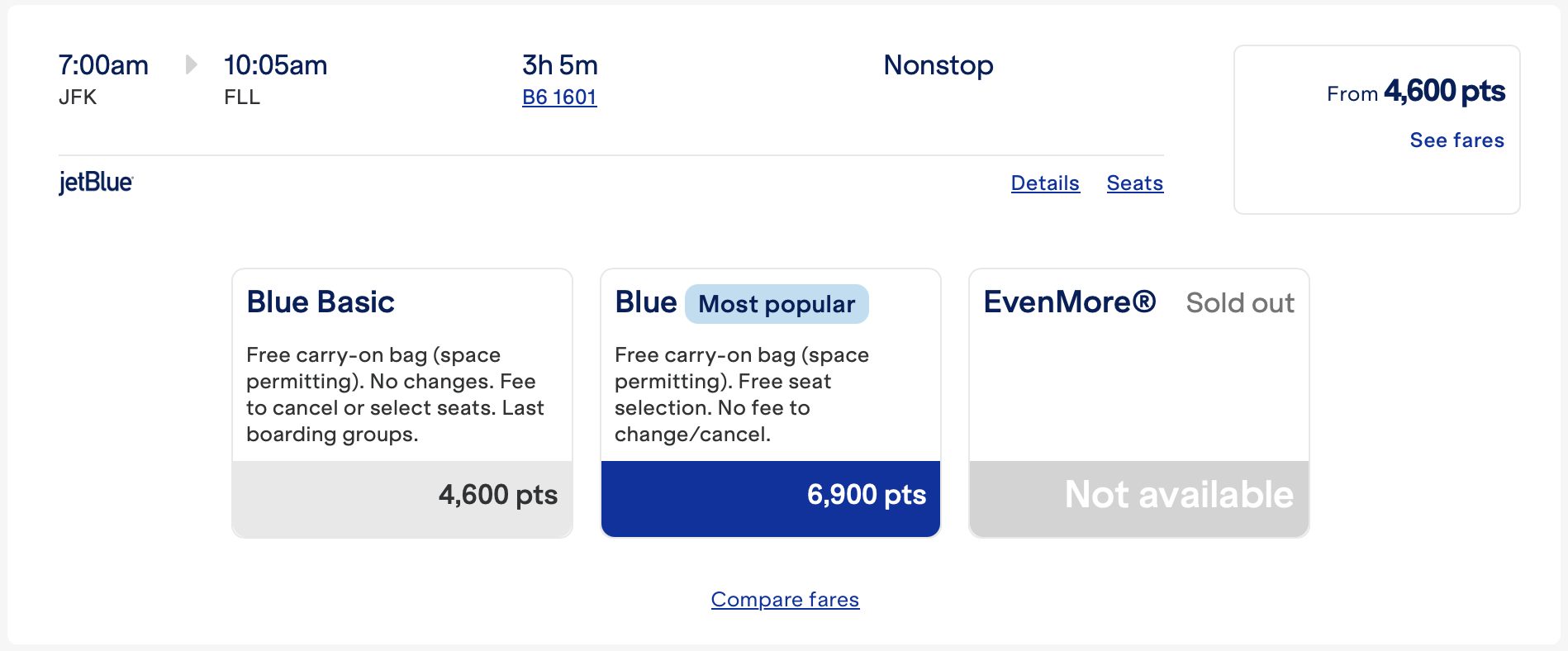 JetBlue award ticket from JFK to FLL