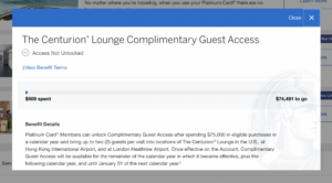Screenshot from Amex site showing amount spent towards unlocking complimentary guest access to Centurion Lounge