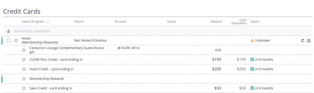 Screenshot from AwardWallet showing progress towards unlocking my complimentary guest access to the Centurion Lounge