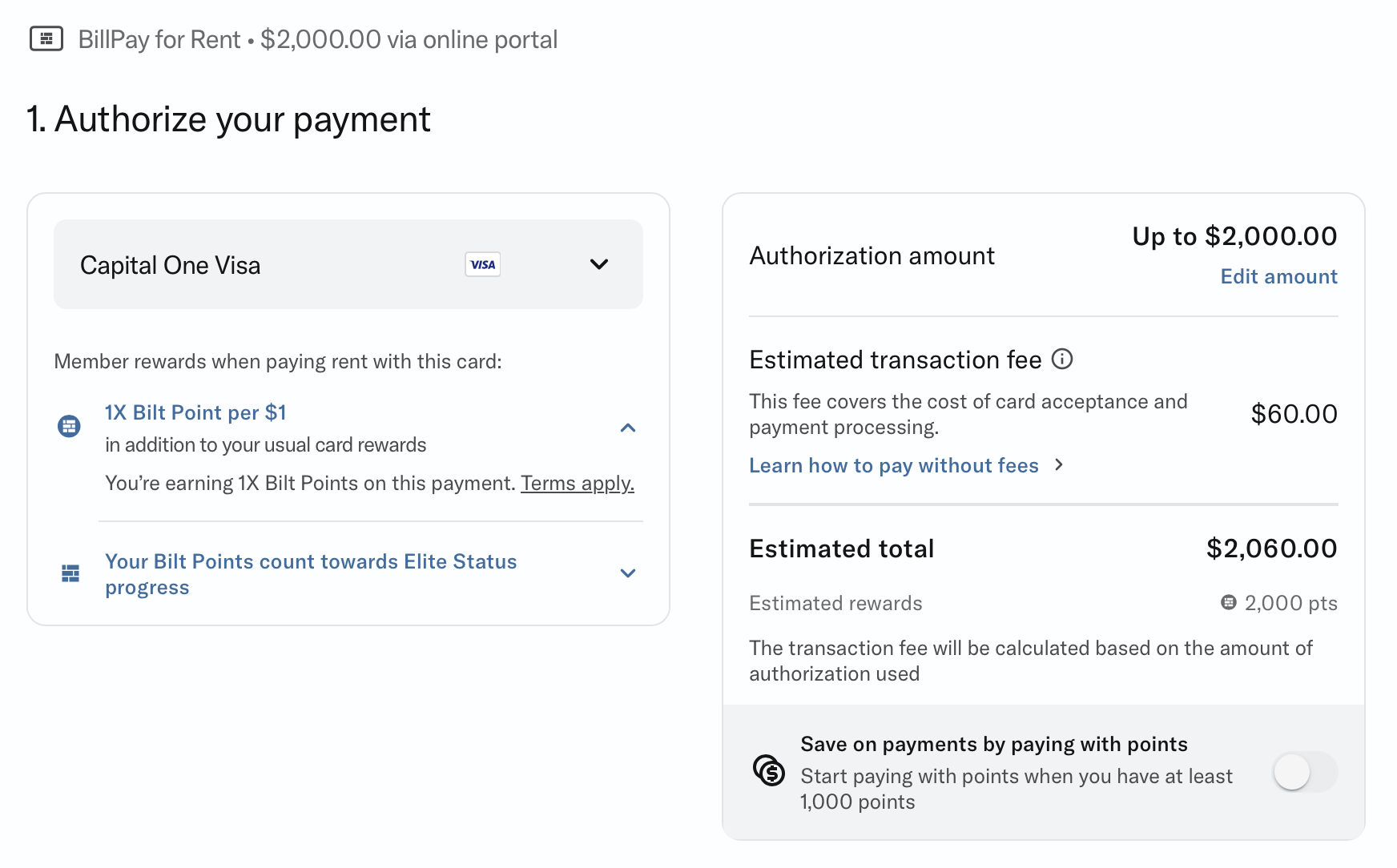 Bilt Bill Pay rent payment pre-authorization showing how many points are earned on rent.