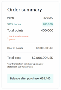 Example of buying IHG points with a 100% bonus