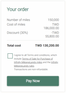 Buy 150,000 EVA Infinity MileageLands miles for 130,200 Taiwan Dollars after 30% discount
