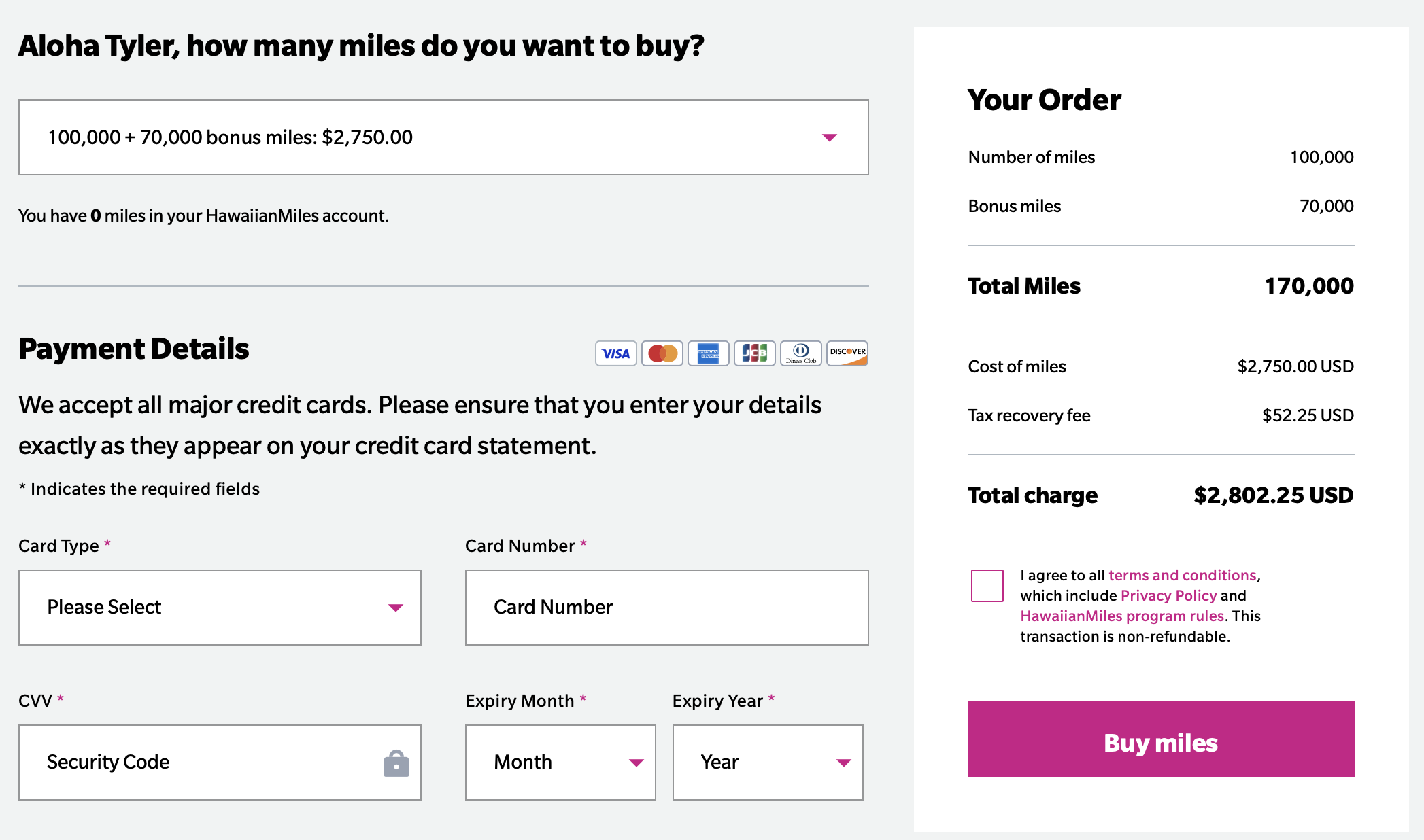 Buy Hawaiian Miles with a 70% bonus receipt