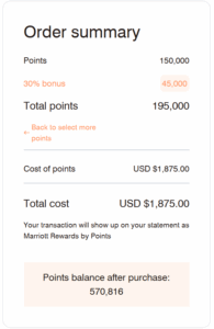 Pricing to buy Marriott Bonvoy points with 30% bonus example